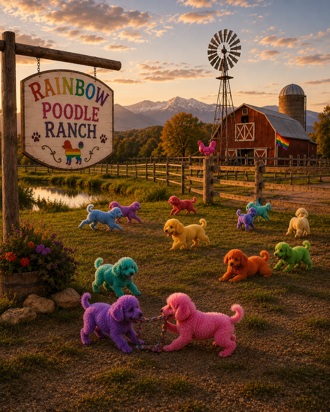 Rainbow-colored poodle puppies playing at the ranch